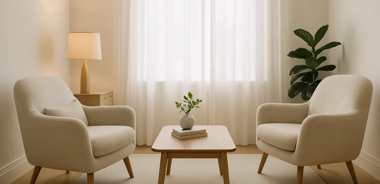 Two armchairs facing each other in a light consulting room